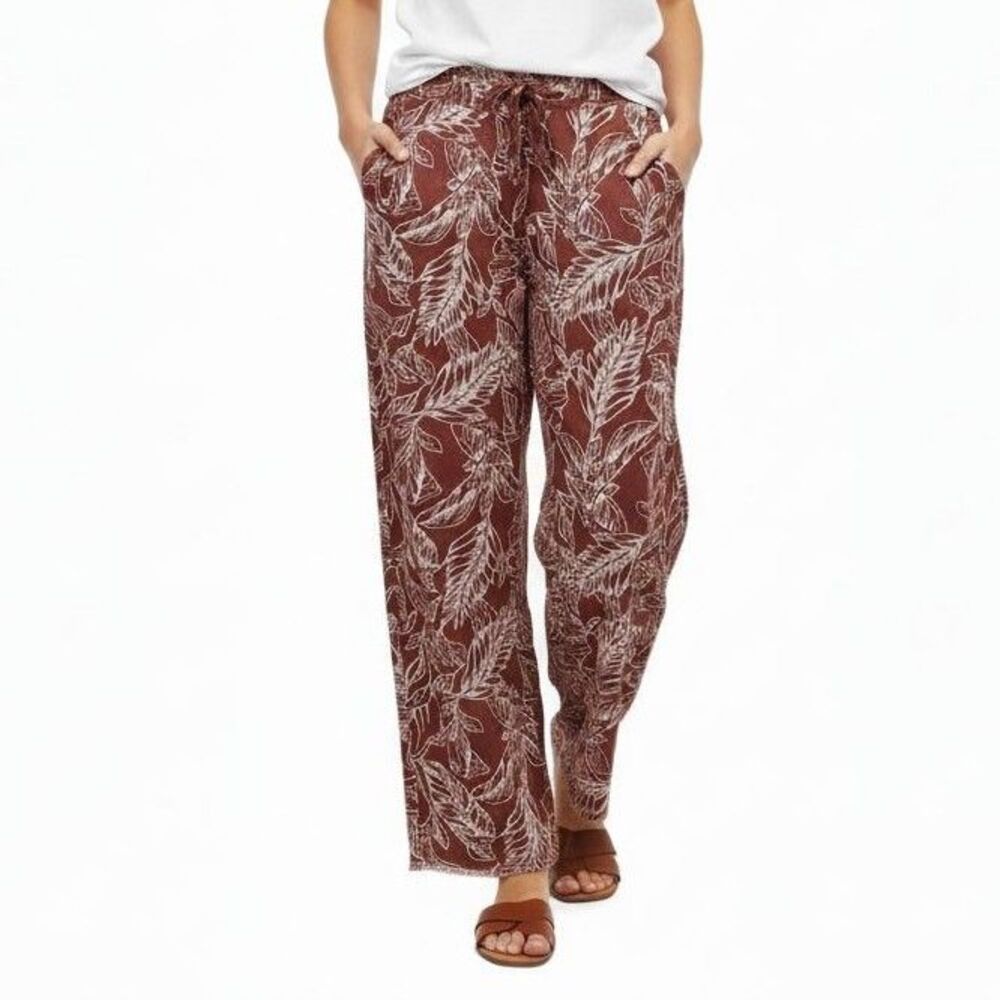 Cathy Linen Blend Pants Womens Small Rust Leaf Print Hawaiian Tropical Raw Hem